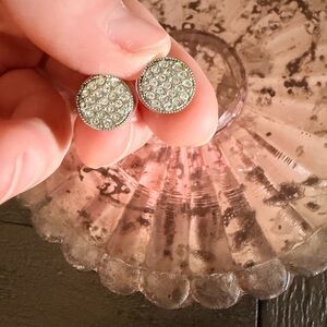 Crystal Pave Round Stud Earrings - Silver Tone